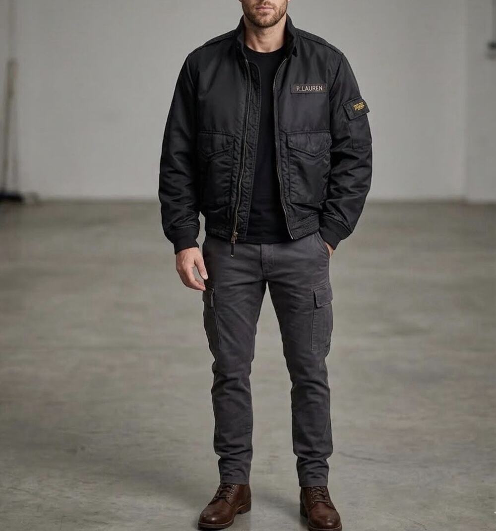 Polo Ralph Lauren Military Surplus Bomber Jacket Pilot Black Mens Large L Zip